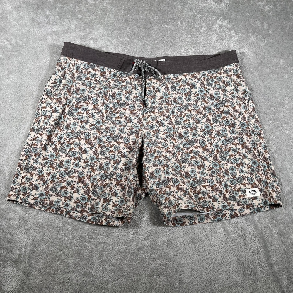 Katin Shorts Mens 38 Beige Blue Brown Floral Volley Swim Trunks Stretch Elastic